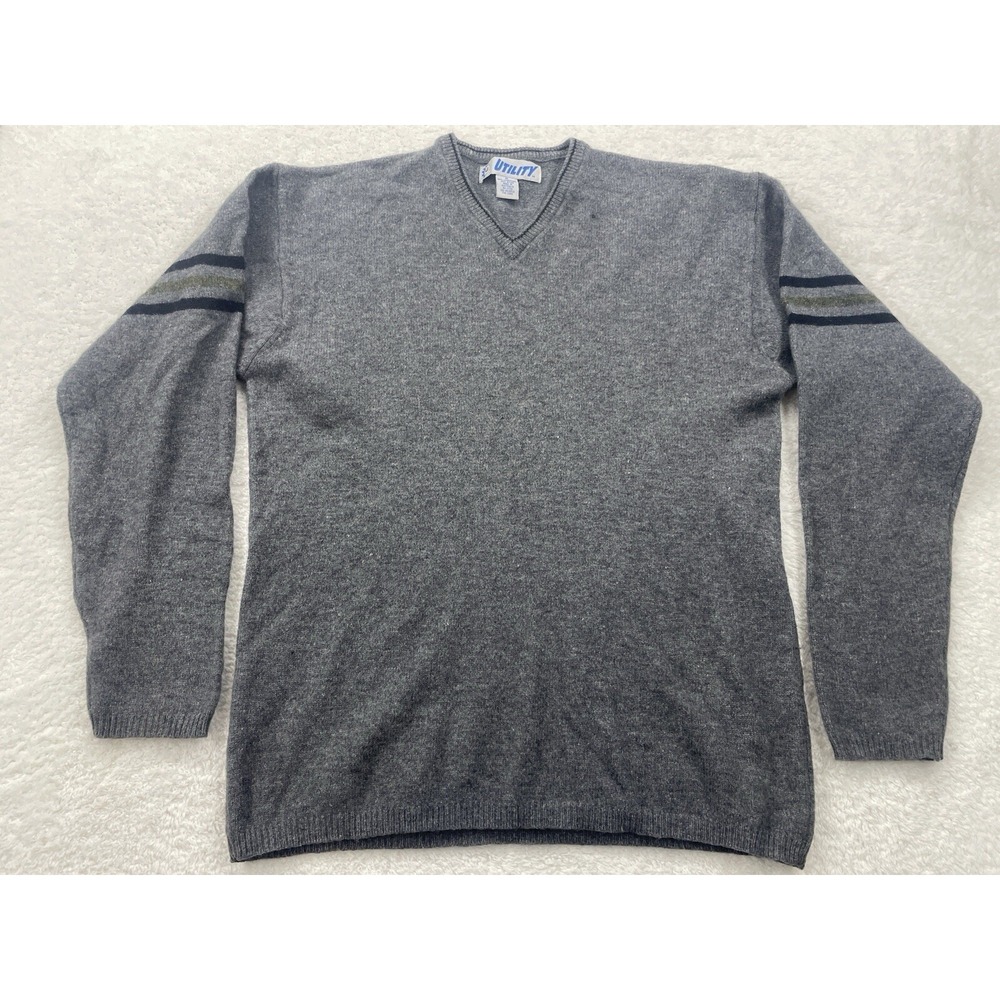 Utility Mens V-Neck Sweater Gray Lambswool Blend Striped Sleeve Size M Australia